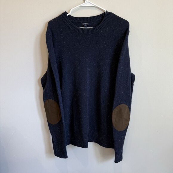 J Crew Navy Flecked Sweater LT Large Tall 80% Lambswool 20% Nylon Elbow Patches - Picture 6 of 9